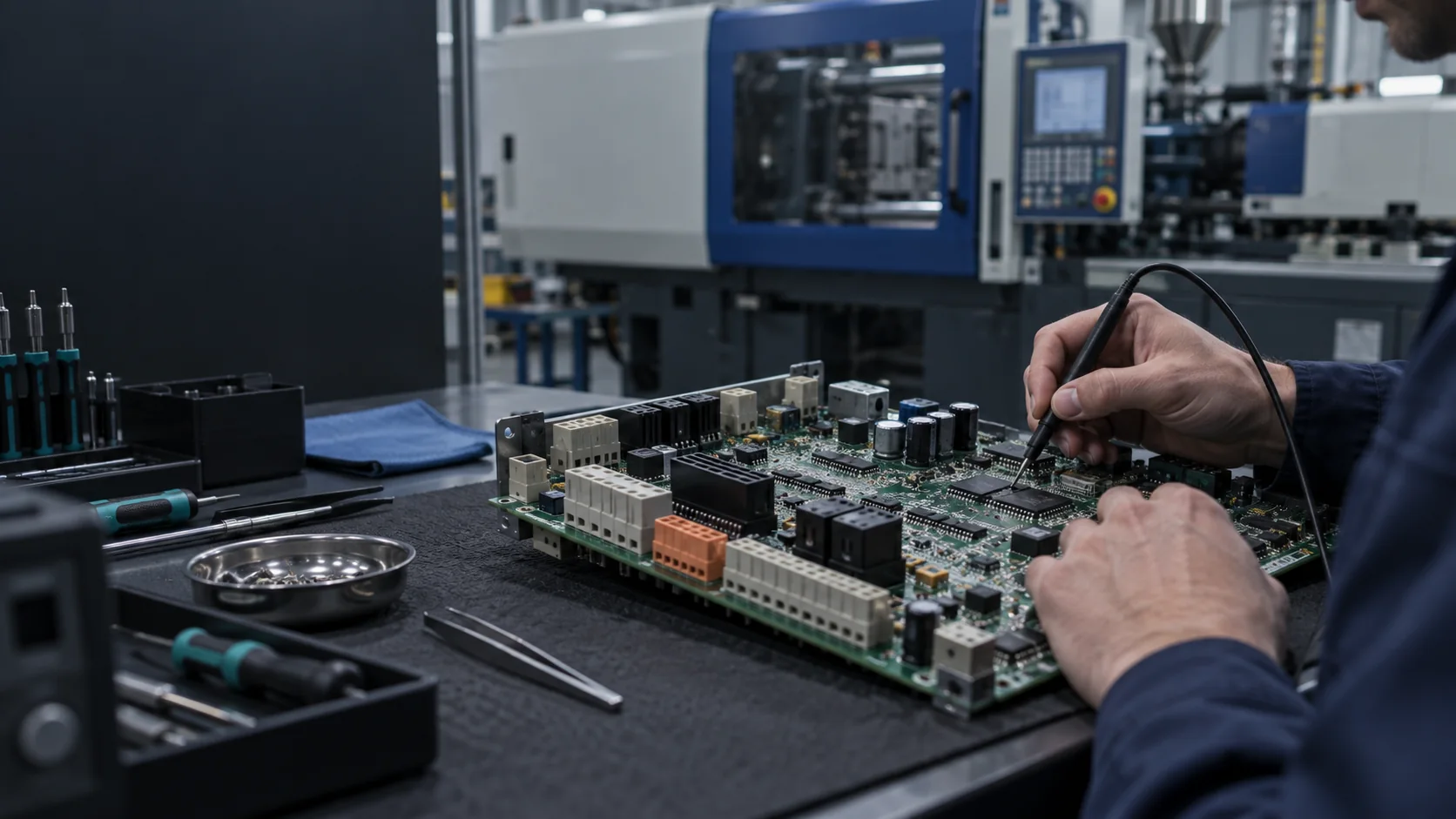 Teknisyen enjeksiyon makinesinin elektronik kontrol kartını onarıyor