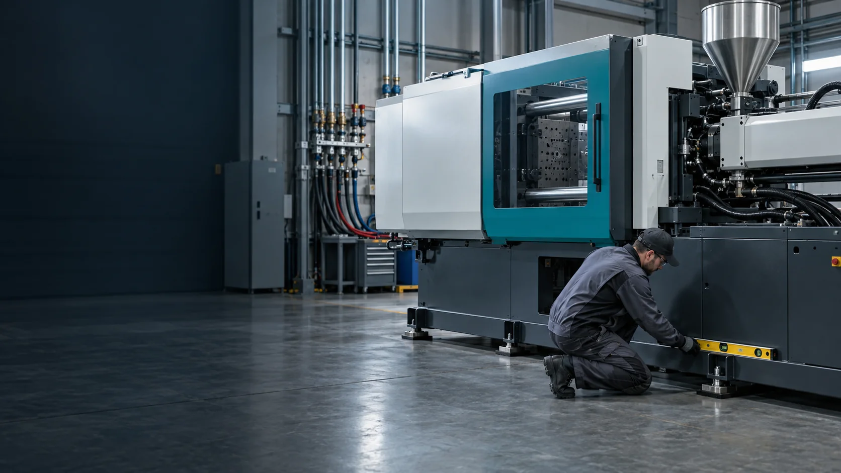 Teknisyen yeni enjeksiyon makinesinin terazisini kontrol ediyor