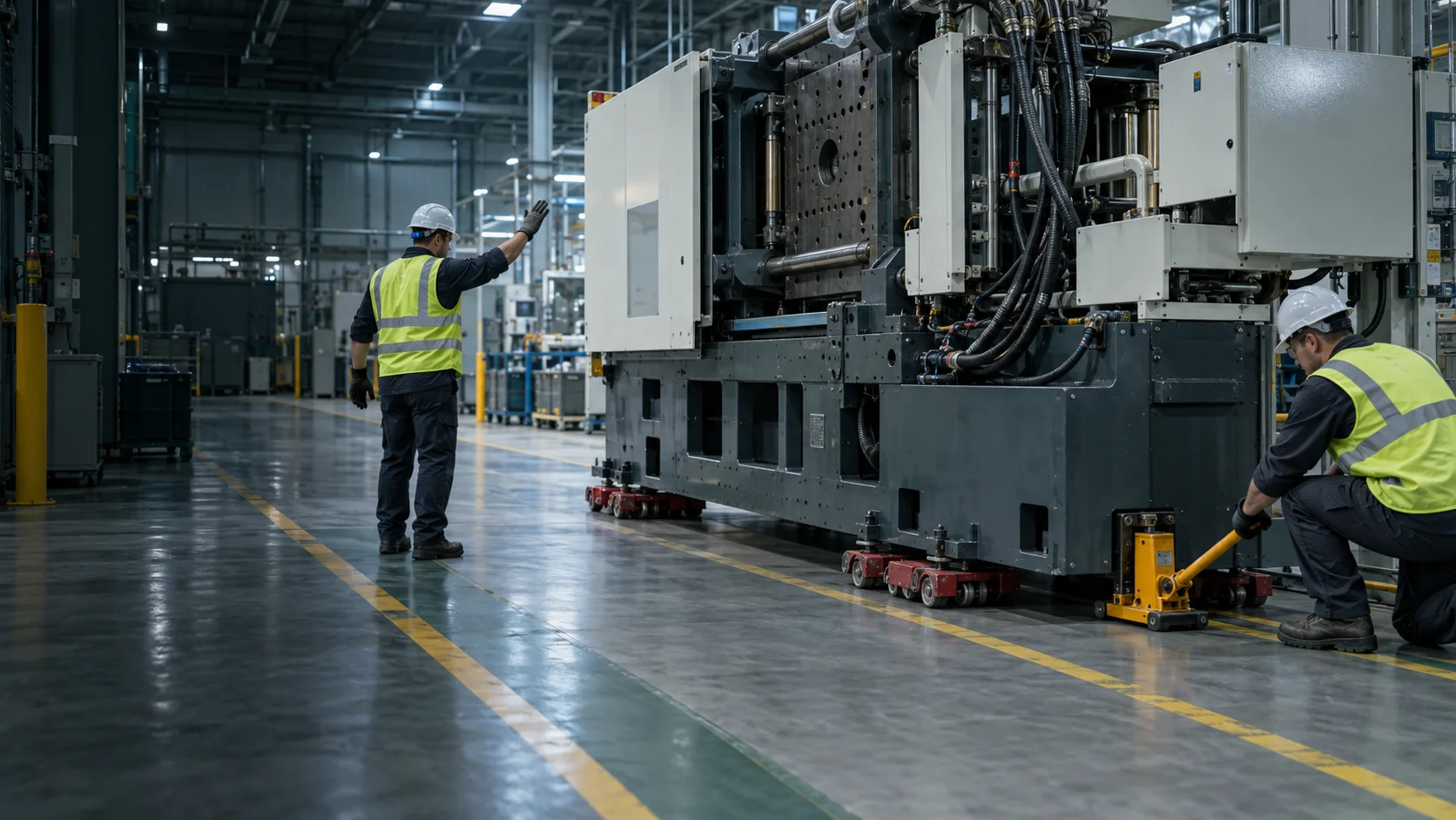 Enjeksiyon makinesi fabrika içinde makine kızaklarıyla taşınıyor