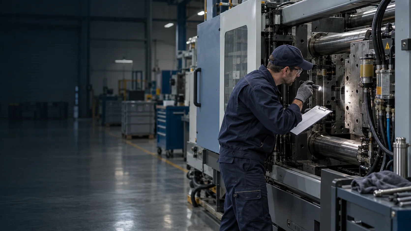 Teknisyen enjeksiyon makinesinde periyodik kontrol yapıyor